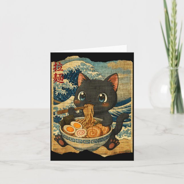 Cartão Funny Kawaii Black Cat Ramen Noodle Bowl Japanese  (Frente)