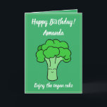 Cartão Funny Kawaii Green Vegan Broccoli Birthday<br><div class="desc">Funny Kawaii Green Vegan Broccoli Birthday, a cute and funny design for anyone looking for some vegan designs to offer on someone's special day. If you're looking for some funny birthday cards for vegans, vegan themed birthday cards, vegetable birthday cards or broccoli birthday cards. The design features a cute smiling...</div>