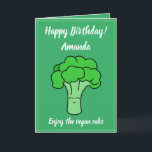 Cartão Funny Kawaii Green Vegan Broccoli Birthday<br><div class="desc">Funny Kawaii Green Vegan Broccoli Birthday, a cute and funny design for anyone looking for some vegan designs to offer on someone's special day. If you're looking for some funny birthday cards for vegans, vegan themed birthday cards, vegetable birthday cards or broccoli birthday cards. The design features a cute smiling...</div>