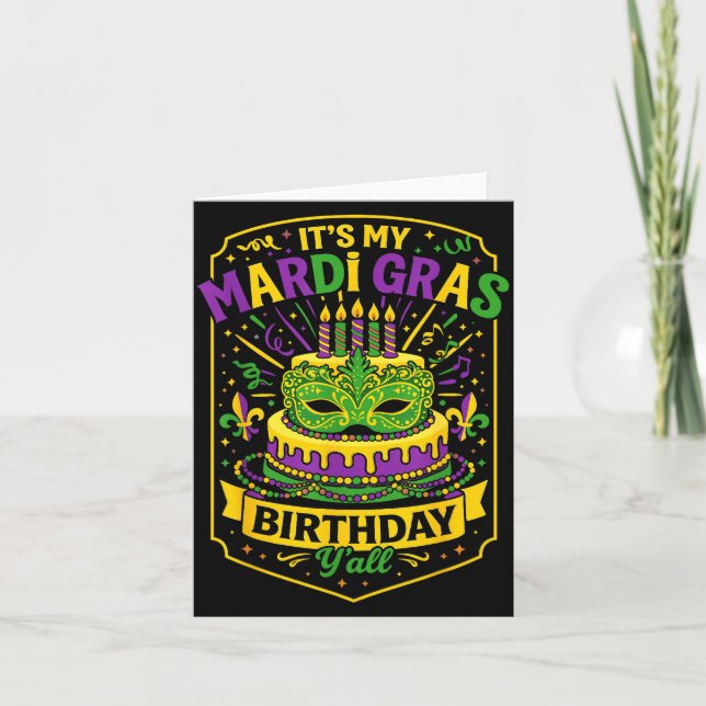 Cartão Funny Mardi Gras Birthday Y’all Cake Carnival Cele (Frente)