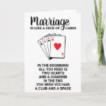 Cartão Funny Marriage Is Like A Deck Of Cards Anniversary<br><div class="desc">Funny Marriage Is Like A Deck Of Cards ~ In the beginning all you need is two hearts and a diamond, in the end you wish you had a club and a spade! Add a little humor and give a funny wedding card or anniversary greeting card with this playing card...</div>