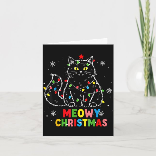 Cartão Funny Meowy Christmas Xmas Lights Black Cat Pajama (Frente)