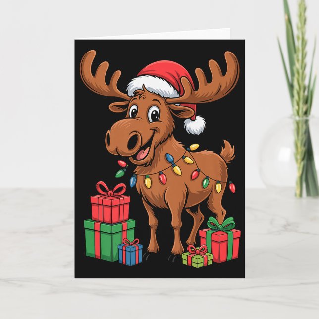 Cartão Funny Moose Santa Hat Animals Lovers Ugly Christma (Frente)