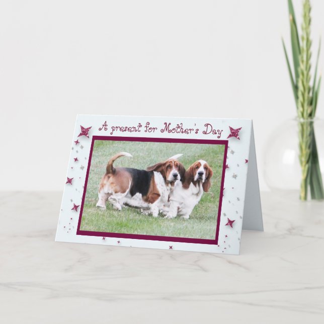 Cartão Funny "Mother's Day" Card w/Basset Hounds & Stars (Frente)