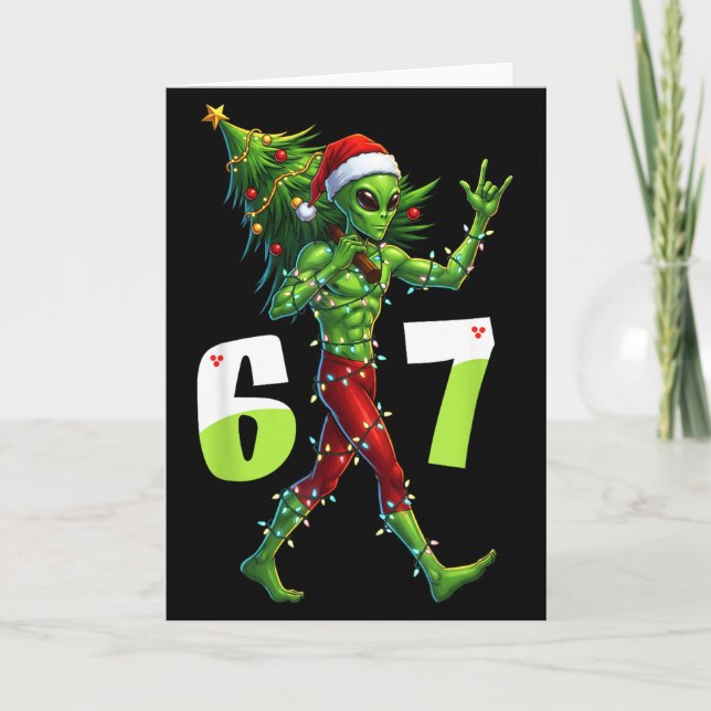 Cartão Funny Natal Alien Six Seven Meme 67 Chapéu do Papa (Frente)