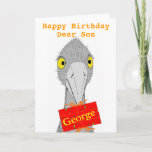 Cartão Funny Ostrich, Son, add name, Birthday Card<br><div class="desc">A drawing of a cute and funny ostrict holding a gift with recipients name on it. Fully customisable birthday card. For a son,  or change the text.</div>