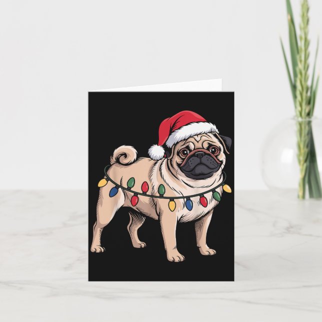 Cartão Funny Pug Christmas Santa Hat Xmas Lights  (Frente)
