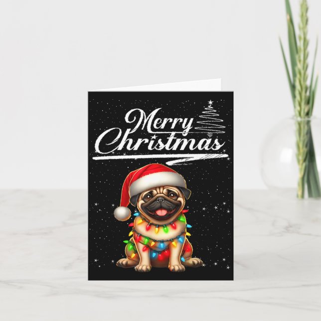 Cartão Funny Pug Dog Christmas Lights Santa Hat Candy Can (Frente)
