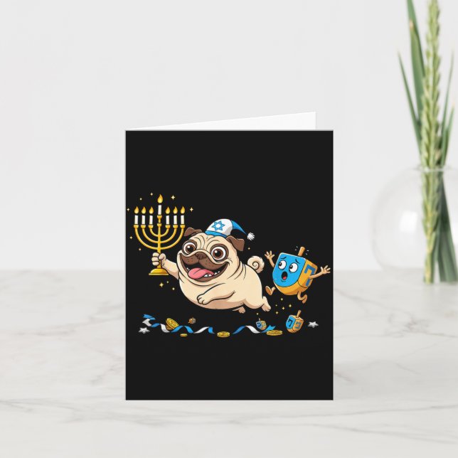 Cartão Funny Pug Dreidel Menorah Hanukkah Kids Womens Men (Frente)