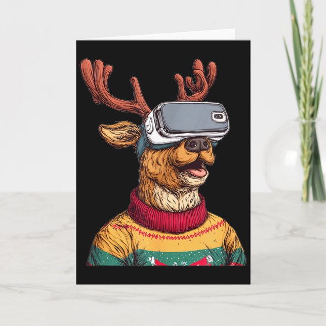 Cartão Funny Reindeer In Christmas Sweater And Vr Headset (Frente)