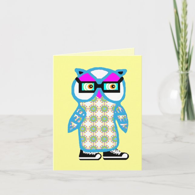 Cartão Funny Retro Blue Hipster Owl Blank Greeting Card (Frente)