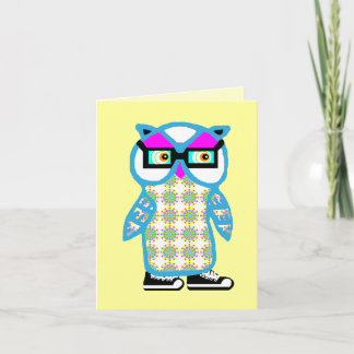 Cartão Funny Retro Blue Hipster Owl Blank Greeting Card