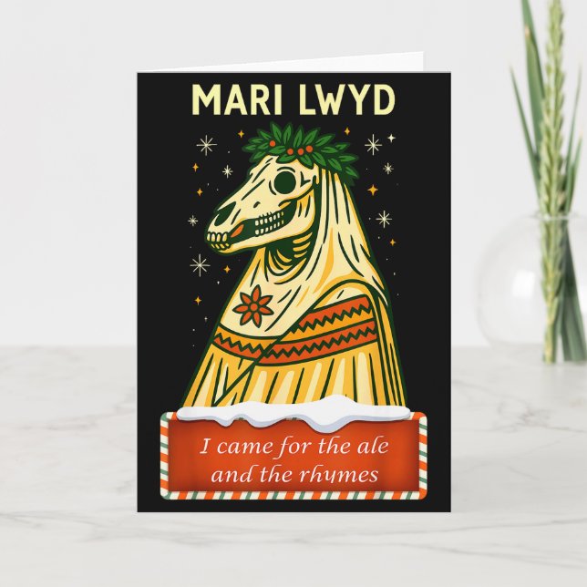 Cartão Funny Retro Folklore Skeleton Horse Mari Lwyd Yule (Frente)