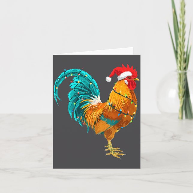 Cartão Funny Rooster Chicken Santa Christmas Lights Farme (Frente)