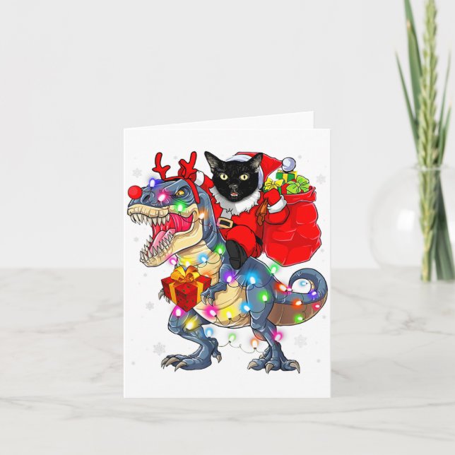 Cartão Funny Santa Cat Riding Dinosaur Christmas Lights  (Frente)