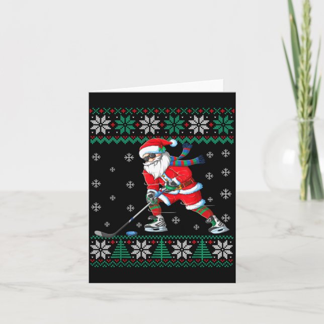 Cartão Funny Santa Claus Christmas Ice Hockey Ugly Sweate (Frente)