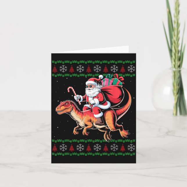 Cartão Funny Santa Riding Dinosaur Animal Ugly Christmas  (Frente)