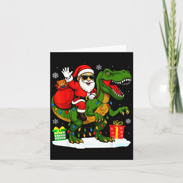 Cartão Funny Santa Riding Dinosaur T Rex Christmas Santa  (Frente)