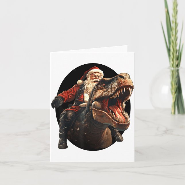 Cartão Funny Santa Riding Dinosaur, Vintage Christmas Art (Frente)