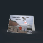 Cartão Funny seagull birthday card customizable, add name<br><div class="desc">Gulls editing a 'Do not feed the gulls' sign. Add text inside and front.</div>