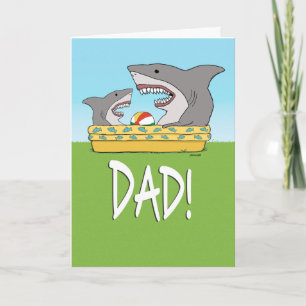 Cartão Funny Shark Kid and Dad in Pool Father's Day