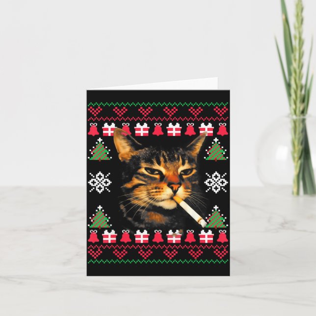Cartão Funny Smoking Cat Meme Ugly Christmas Sweater For  (Frente)