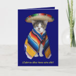 Cartão Funny Spanish Cat/Kitty Birthday<br><div class="desc">Mikey in a sombrero and serape.  On the front is the translation I got for "How old are you this year?"  Inside it says "Caramba!" which is supposed to translate as "Wow!",  among other things.  You can change the background color,  change the text,  fonts,  font sizes and colors.</div>