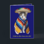 Cartão Funny Spanish Cat/Kitty Birthday<br><div class="desc">Mikey in a sombrero and serape.  On the front is the translation I got for "How old are you this year?"  Inside it says "Caramba!" which is supposed to translate as "Wow!",  among other things.  You can change the background color,  change the text,  fonts,  font sizes and colors.</div>