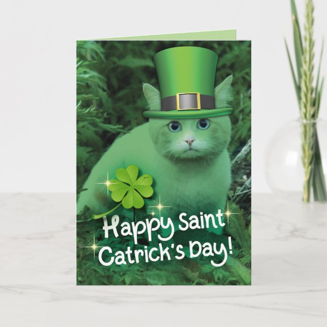 Cartão Funny St. Patrick's Day Green Cat With Hat (Frente)