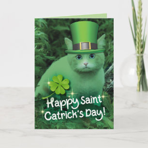 Cartão Funny St. Patrick's Day Green Cat With Hat