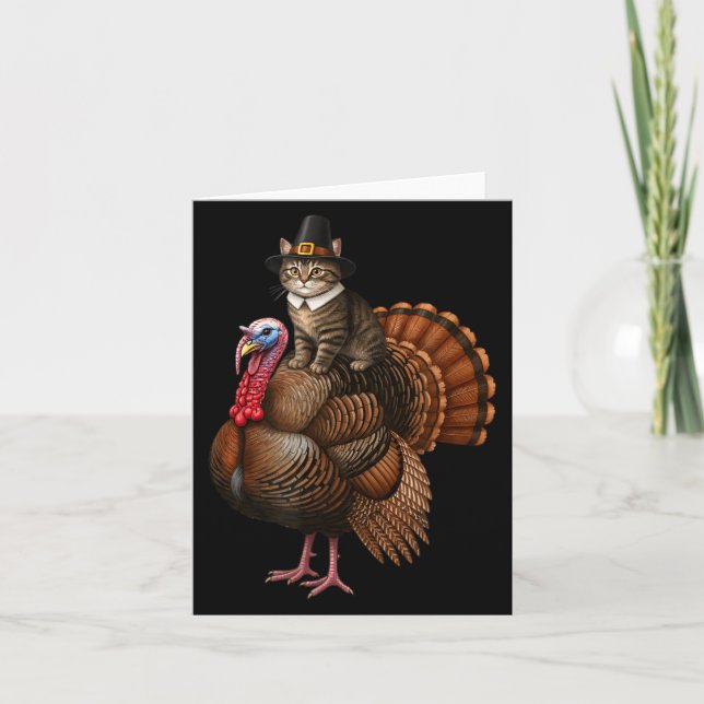 Cartão Funny Thanksgiving Cat On Turkey, Lgrim Hat Turkey (Frente)