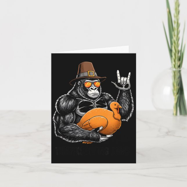 Cartão Funny Thanksgiving Gorilla Holding Turkey Lgrim Ha (Frente)