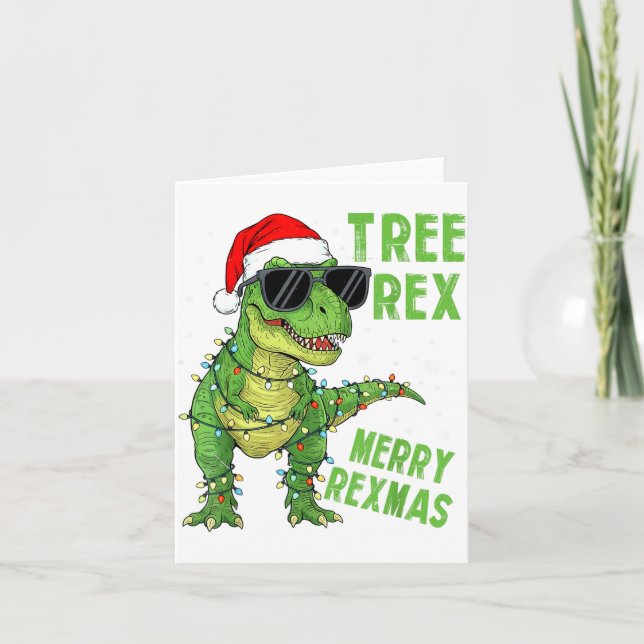 Cartão Funny Tree Rex Christmas Dinosaur Santa Hat Lights (Frente)