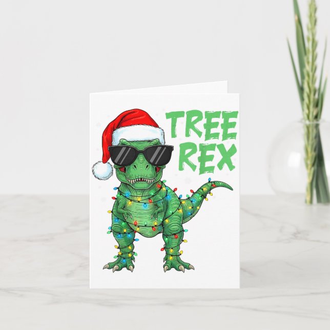 Cartão Funny Tree Rex Christmas Dinosaur Santa Hat Lights (Frente)