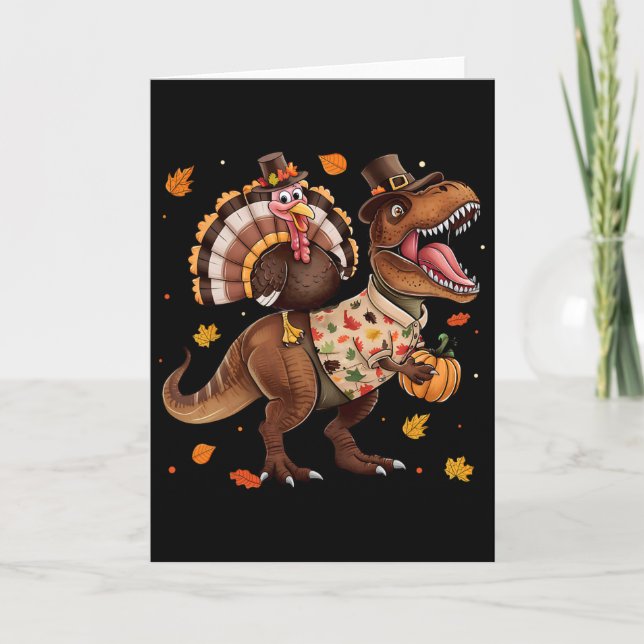 Cartão Funny Turkey Riding Dinosaur T Rex Thanksgiving Bo (Frente)