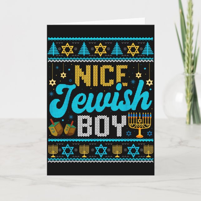 Cartão Funny Ugly Hanukkah Sweater Nice Jewish Boy Matchi (Frente)