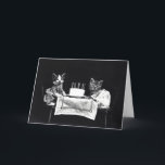 Cartão Funny vintage kitty cat dressed kittens birthday<br><div class="desc">Funny black and white vintage photo of dressed up kitty cat kittens at a table with birthday cake,  weird customizable,  create your own / add your own text oddities hipster greeting card.</div>