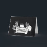 Cartão Funny vintage kitty cat dressed kittens birthday<br><div class="desc">Funny black and white vintage photo of dressed up kitty cat kittens at a table with birthday cake,  weird customizable,  create your own / add your own text oddities hipster greeting card.</div>