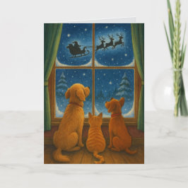Cartão Furry Friends Looking at Santa Custom Christmas