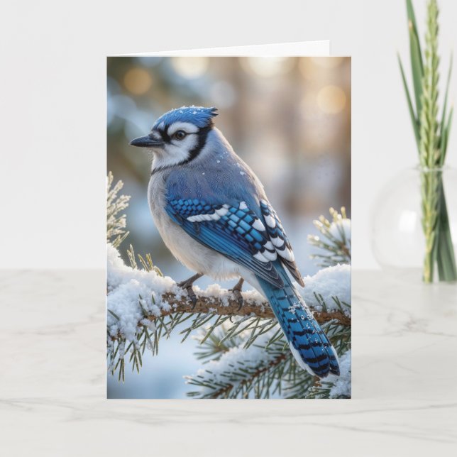 Cartão Gaio-azul de Natal em um Pinheiro Nevado (Frente)