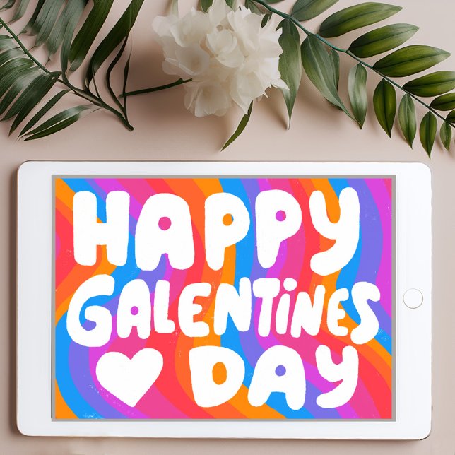 Cartão Galentine BubbleLetters Rainbow Groovy Retro eCard (Happy Galentines Day BubbleLetters Rainbow Groovy Retro eCard Digital Card Email Online Greeting 
)