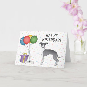 Cartão Galgo Italiano Azul e Branco - Feliz Aniversário