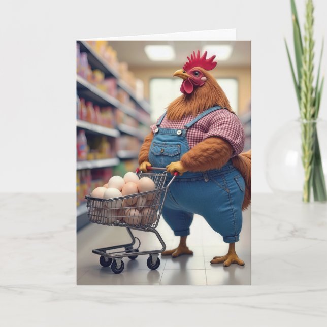 Cartão Galinha de Aniversário com Ovos num Carrinho de Co (Frente)