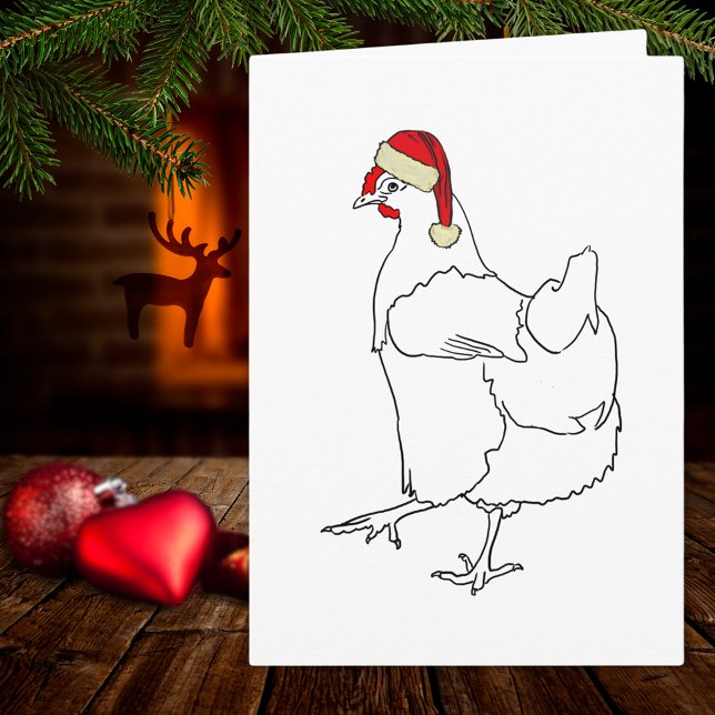 Cartão Galinha de Natal e desenho de galinha (Cute christmas chicken wearing a santa hat, simple farm hen line art drawing holiday greetings card)