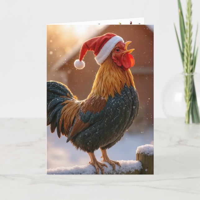 Cartão Galo de Natal Cacarejando Vestindo um Chapéu de Pa (Frente)