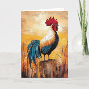 Cartão Galo em uma Pintura a Óleo de Poste