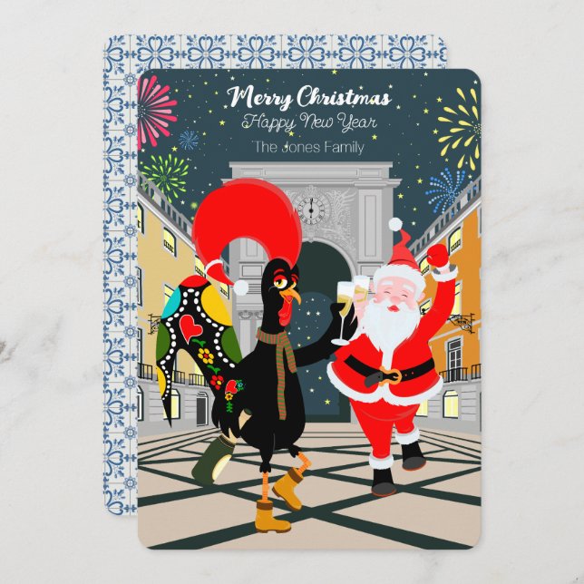 Cartão Galo Português e Papai Noel brindam ao Ano Novo (Frente/Verso)
