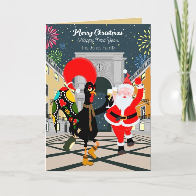 Cartão Galo Português e Papais noeis brindam ao Ano Novo (Frente)