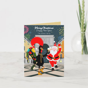 Cartão Galo Português e Papais noeis brindam ao Ano Novo