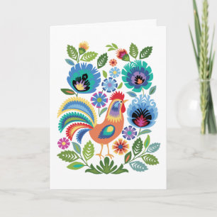 Cartão Galo Rooster & Flores, Estilo Folclórico Polonês